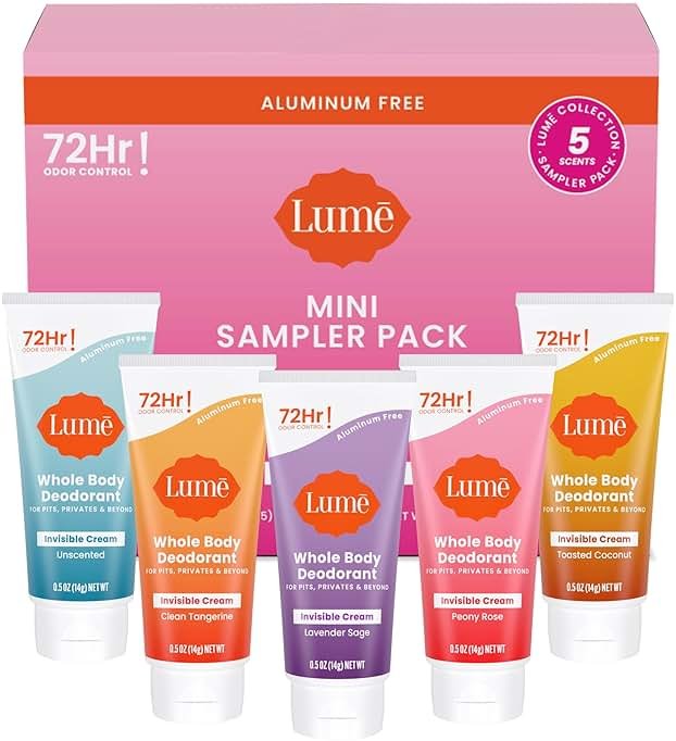 Lume Whole Body Deodorant 5 Pack Sampler - Invisible Cream Minis - 72 Hour Odor Control - Aluminum & Baking Soda Free (Clean Tangerine, Lavender Sage, Peony Rose, Toasted Coconut, Unscented) - Product Image