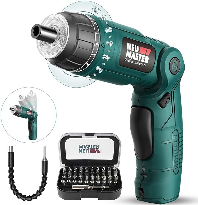 NEU MASTER Cordless Screwdriver, 4V Electric Screwdriver Rechargeable Power Screwdriver With Pivoting Handle, Front And Rear LED light, 32pcs Bits, 6+1 Torque Setting, 2000 mAh Battery Screwdriver - Product Image