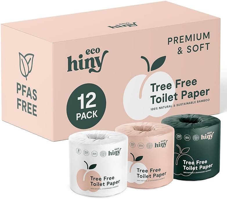 ecoHiny Premium & Soft Bamboo Toilet Paper | PFAS Free | 12 Mega Rolls, 3 ply & 350 Sheets | Non Toxic, FSC Certified, Septic Safe, BPA Free | Tree Free Toilet Tissue | Plastic Free Packaging - Product Image