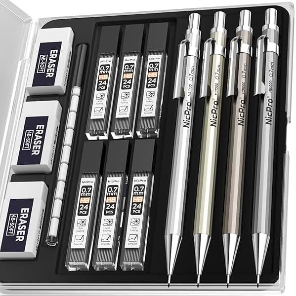 Nicpro 4 Pack Mechanical Pencil 0.7mm with Case, MB1000 Metal Mechanical Pencil Set with 6 Tube HB #2 Lead Refill 0.7 mm, 3PCS 4B Eraser, 9 Cap Eraser for Artist Drafting Writing, Sketching, Drawing - Product Image