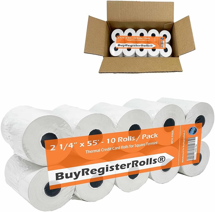 Receipt Paper Roll for Square Terminal Credit Card Machine 2 1/4 x 55 (10 rolls - 48 GSM Paper Thickness) BuyRegisterRolls - Product Image