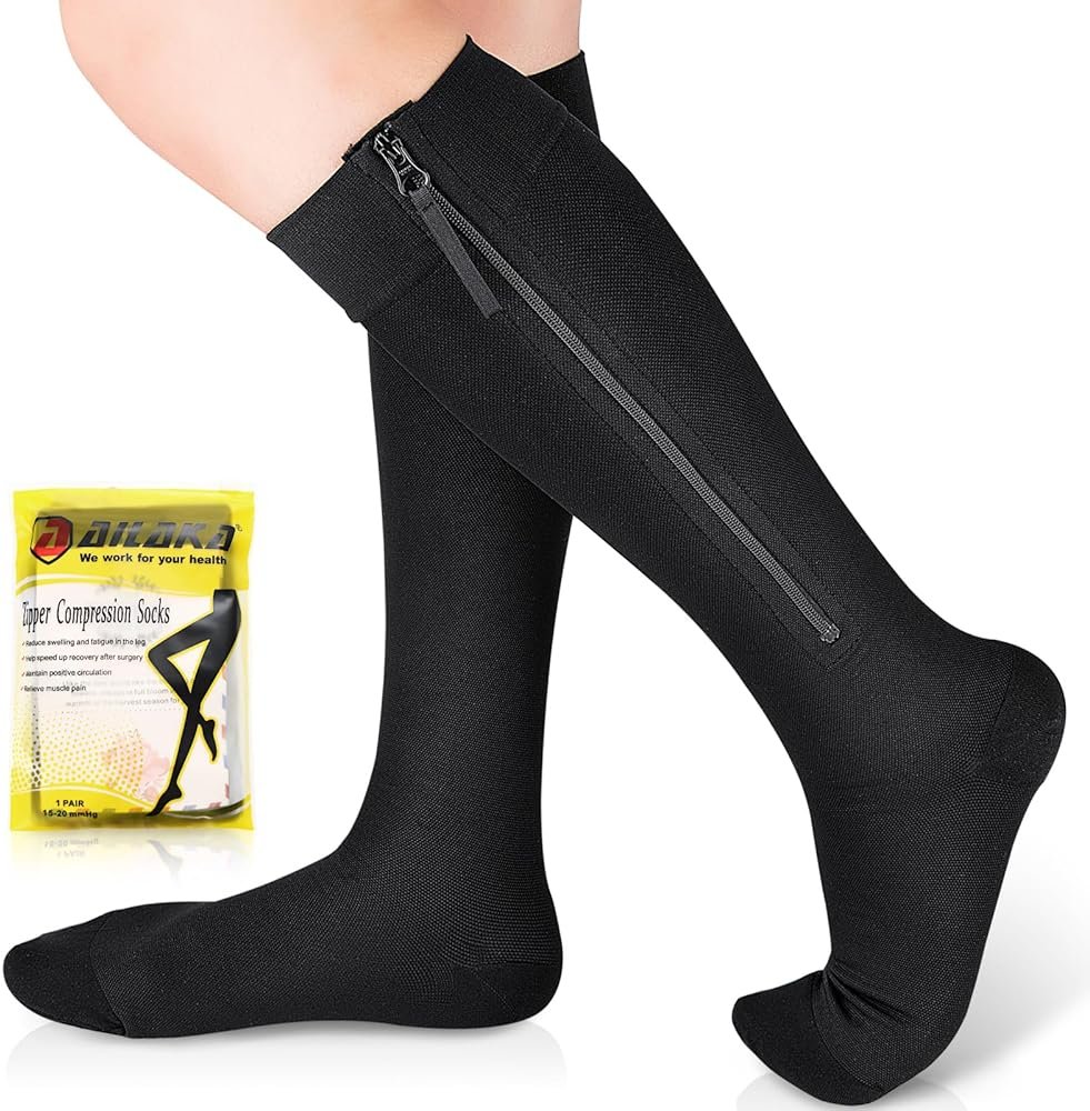 Ailaka Zipper Compression Socks Medical, 15-20 mmHg Knee High Compression Socks for Men Women, Close Toe Support Socks for Varicose Veins, Edema, Recovery, Pregnant, Nurse(Black, XX-Large) - Product Image