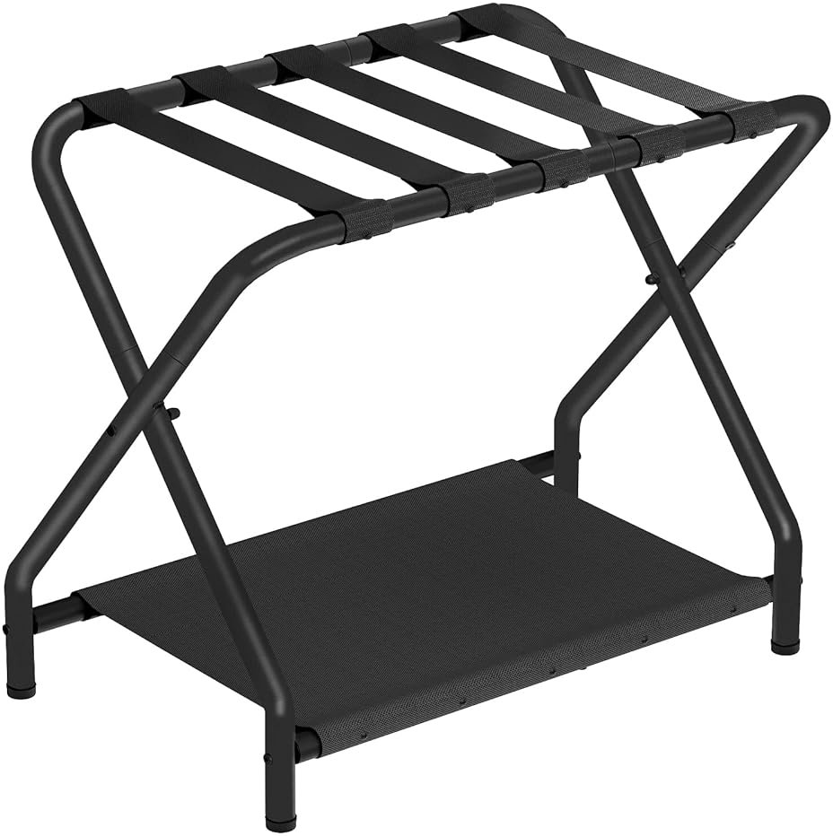 HOOBRO Luggage Rack, Folding Suitcase Stand with Fabric Storage Shelf for Guest Room, Bedroom, Hotel, Holds up to 100 lb, 27 x 15.3 x 22 Inches, Space Saving, Black BK04XL01 - Product Image
