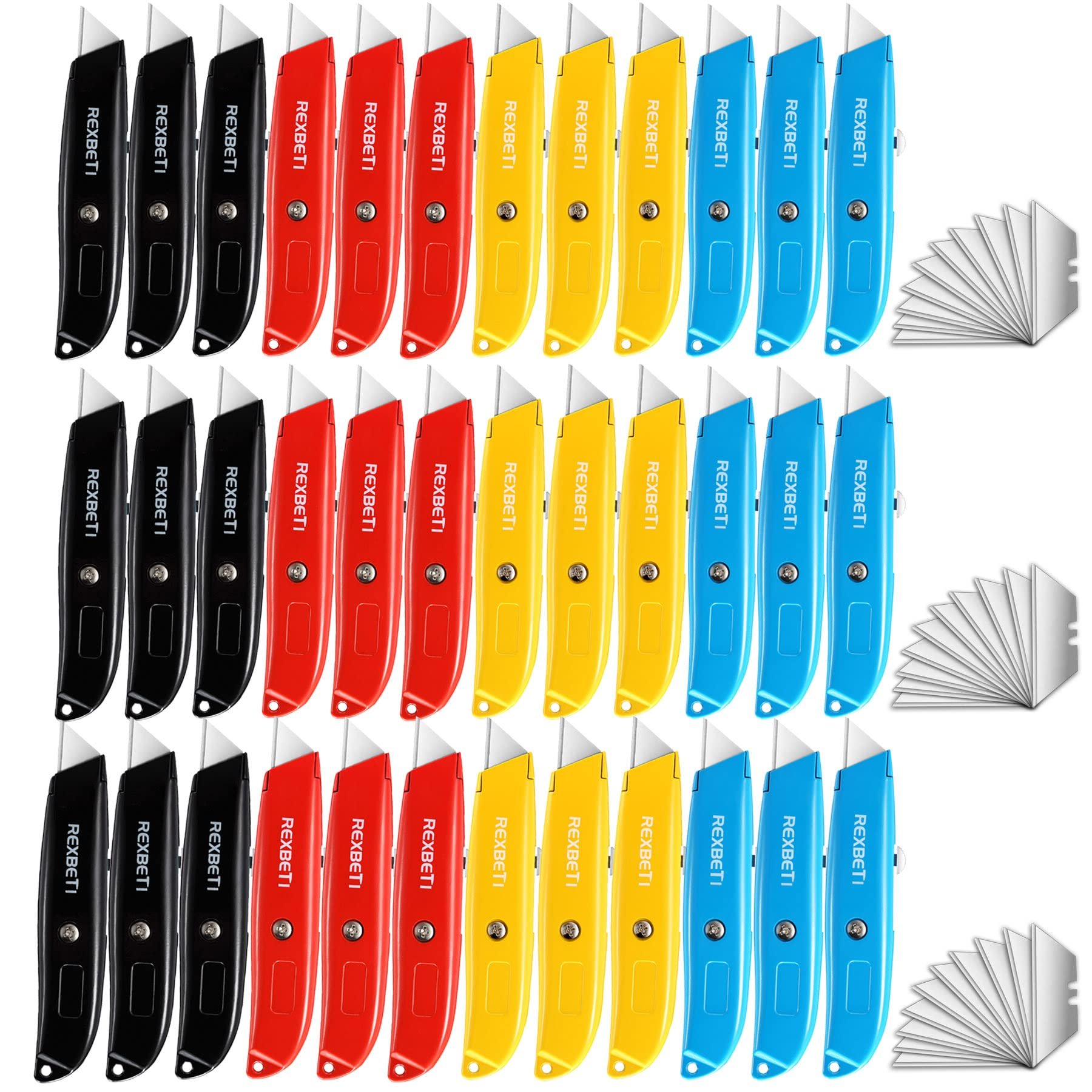 REXBETI 36 Pack Utility Knife Retractable Box Cutter, 4 Color Heavy Duty Aluminum Shell Knife Sets with Extra 30pc SK2 Blades for Cartons, Cardboard and Boxes - Product Image