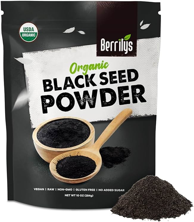 Berrilys Organic Black Seed Powder - Nigella Sativa, Ground Kalonji, Black Cumin for Baking, Bread Making, Cooking, Smoothies, Curries, Soups, Salads, & Stews - Nutritious- Resealable - 10 Oz - Product Image