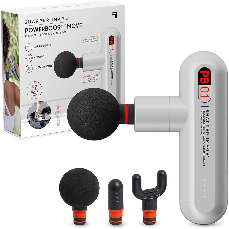 Sharper Image Powerboost Move - Mini Percussion Massage Gun| 4 Attachments, 4 Speeds, FSA Eligible| Full Body Back & Shoulder Massager| Deep Tissue Muscle Recovery| Portable Pain Relief Massage Tool - Product Image