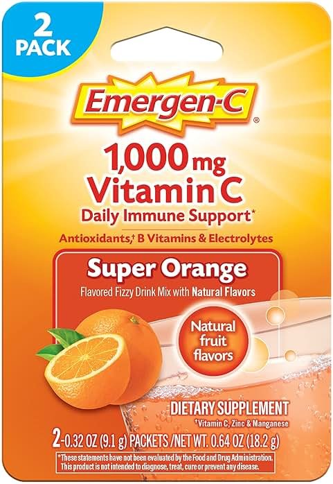 Emergen-C 1000mg Vitamin C Powder for Daily Immune Support Caffeine Free Vitamin C Supplements with Zinc and Manganese, B Vitamins and Electrolytes, Super Orange Flavor - 2 Count - Product Image