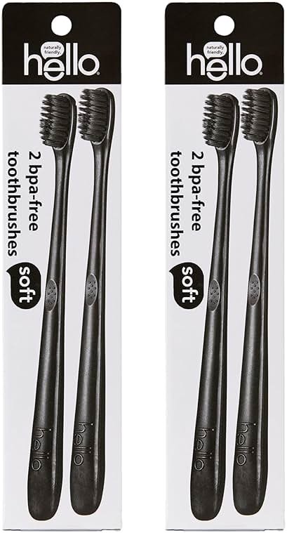 Hello Soft Bristle Adult Charcoal Toothbrush Pack, BPA-Free Soft Toothbrushes with Charcoal Infused Bristles, Gentle on Gums and Teeth, Ergonomic Handle Made with Plant-Based Materials, Black, 4 Pack - Product Image