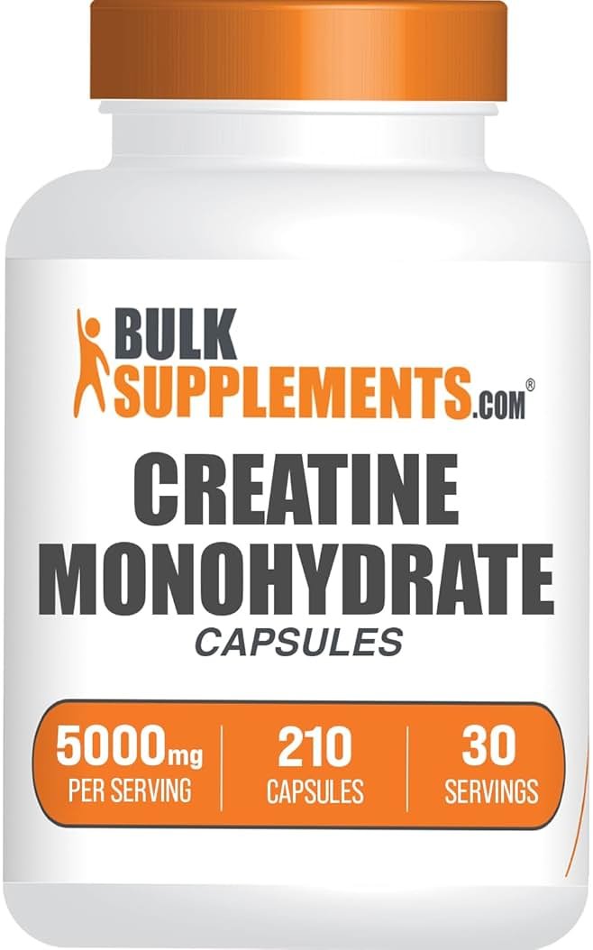 BulkSupplements.com Creatine Monohydrate Capsules - Micronized Creatine Monohydrate, Sports Nutrition - 7 Capsules per Serving, 5000mg, Gluten Free, 210 Count (Pack of 1) - Product Image