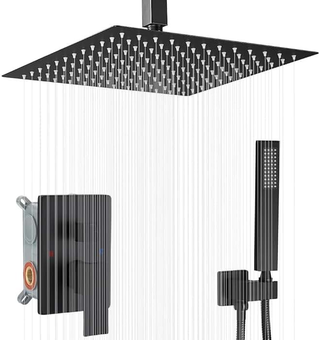 JingGang 12 Inch Ceiling Mount Matte Black Shower System Bathroom Luxury Rain Mixer Shower Combo Set Ceiling Rainfall Shower Head System (Contain Shower Faucet Rough-in Valve Body and Trim Kit) - Product Image