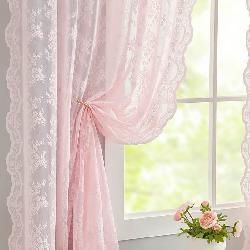 YJ YANJUN Vintage Lace Curtains 63 Inches Length- Cute Sheer Pink Curtains for Girls Bedroom Light Pink Floral Short Window Drapes Princess Girls Room Coquette Decor 2 Panels 52 x63 Inch - Product Image