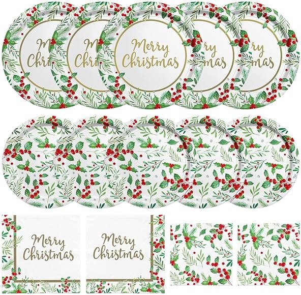 Christmas Party Supplies, Serve 50, Christmas Seasonal Holly Tableware Includes: Paper Dinner Plates, Dessert Plates, Luncheon Napkins and Beverage napkins, Great for Party Decorations - Product Image