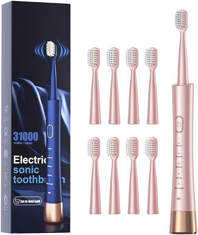 AJELU Sonic Electric Toothbrush for Adults, USB Rechargeable Sonic Toothbrush with 8 Brush Heads, Smart Timer, 5 Modes, 2-Hour Fast Charge Last 30 Days, Pink - Product Image