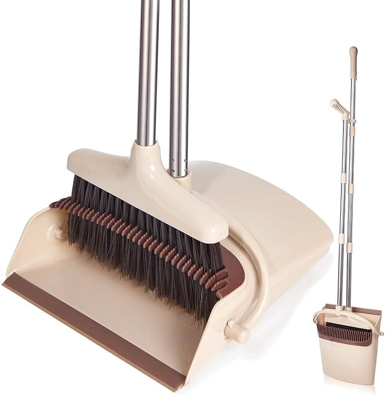 XXFLOWER Broom and Dustpan Set with Long Handle, Light Weight Stainless Steel Poles Stand Upright Dustpans with Broom Combo for Home Kitchen Office Pet Dog Hair, Brown & Beige Color, 1-Pack - Product Image