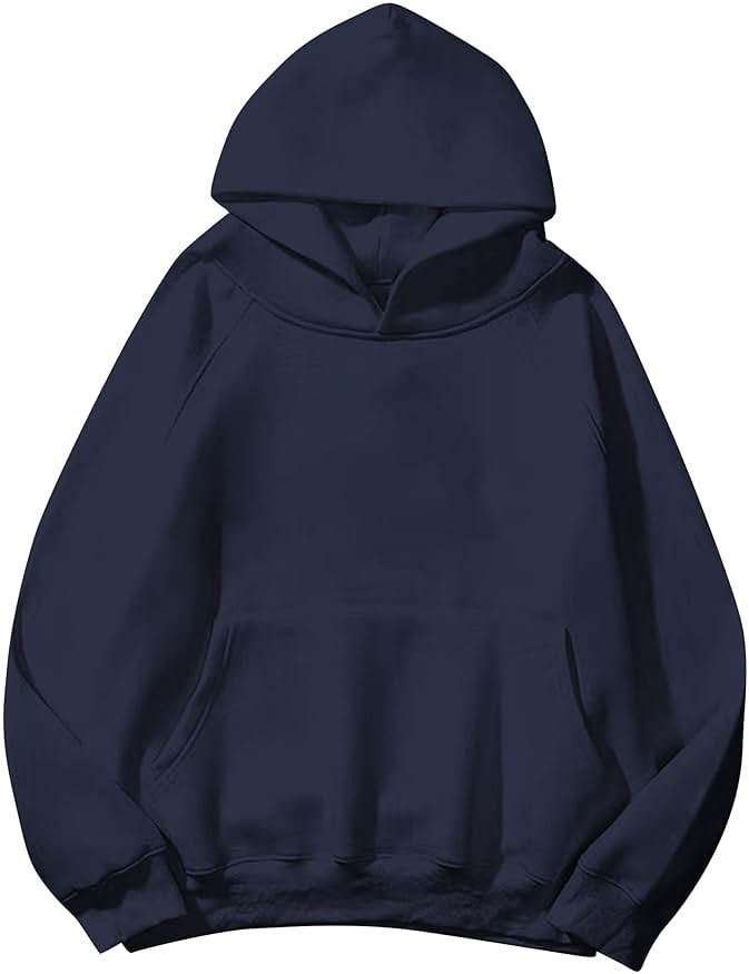 Lauweion Women Solid Basic Fleece Letter Loose Hoodie Sweatshirt Long Sleeve Kangaroo Pocket Drop Shoulder Pullovers Top - Product Image