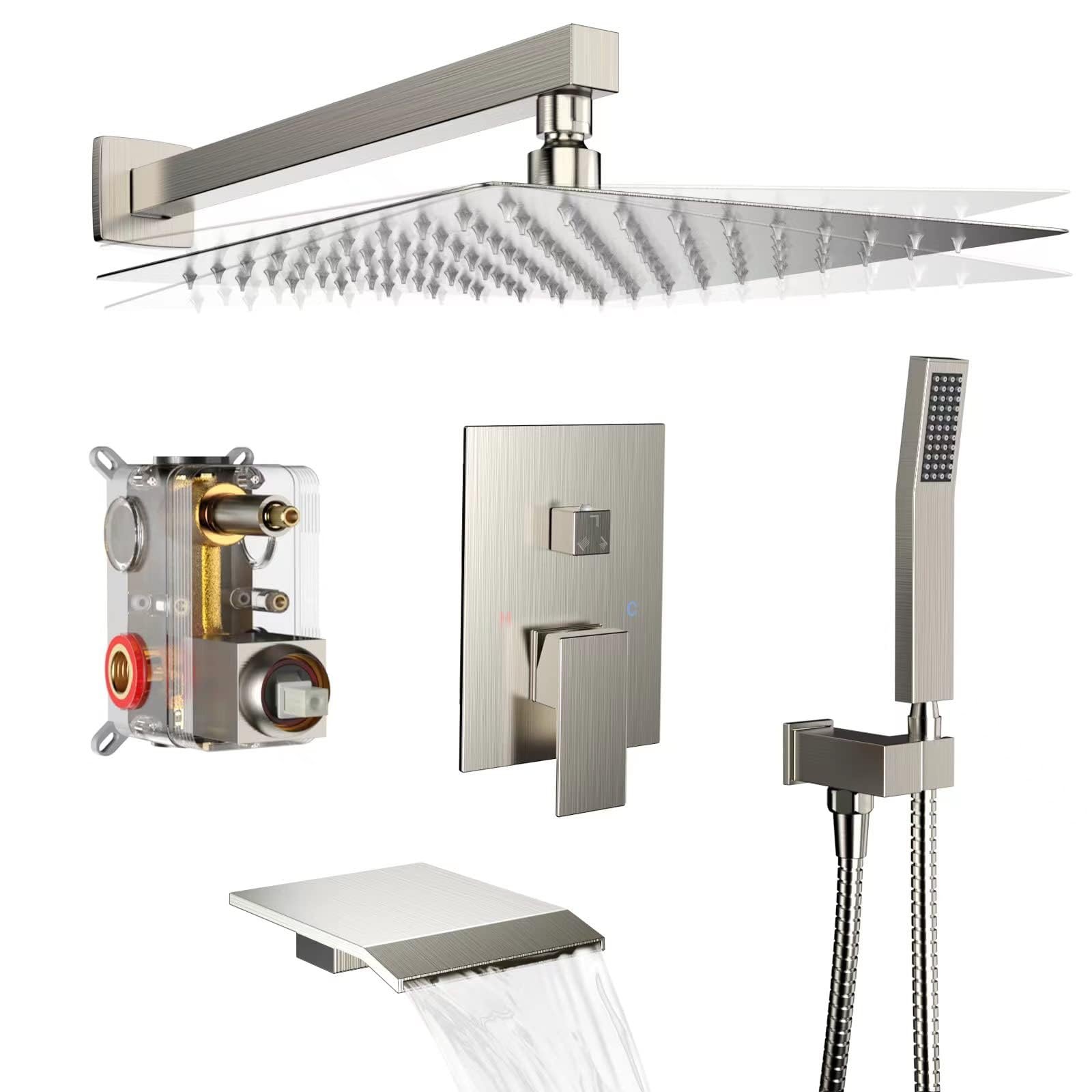 Shower System Rain Shower Faucet Set with Tub Spout,10 inch Bathroom Wall Mounted Waterfall Bathtub Faucet with Handheld Spray and Rough-in Valve Body and Trim kit,Brushed Nickel - Product Image