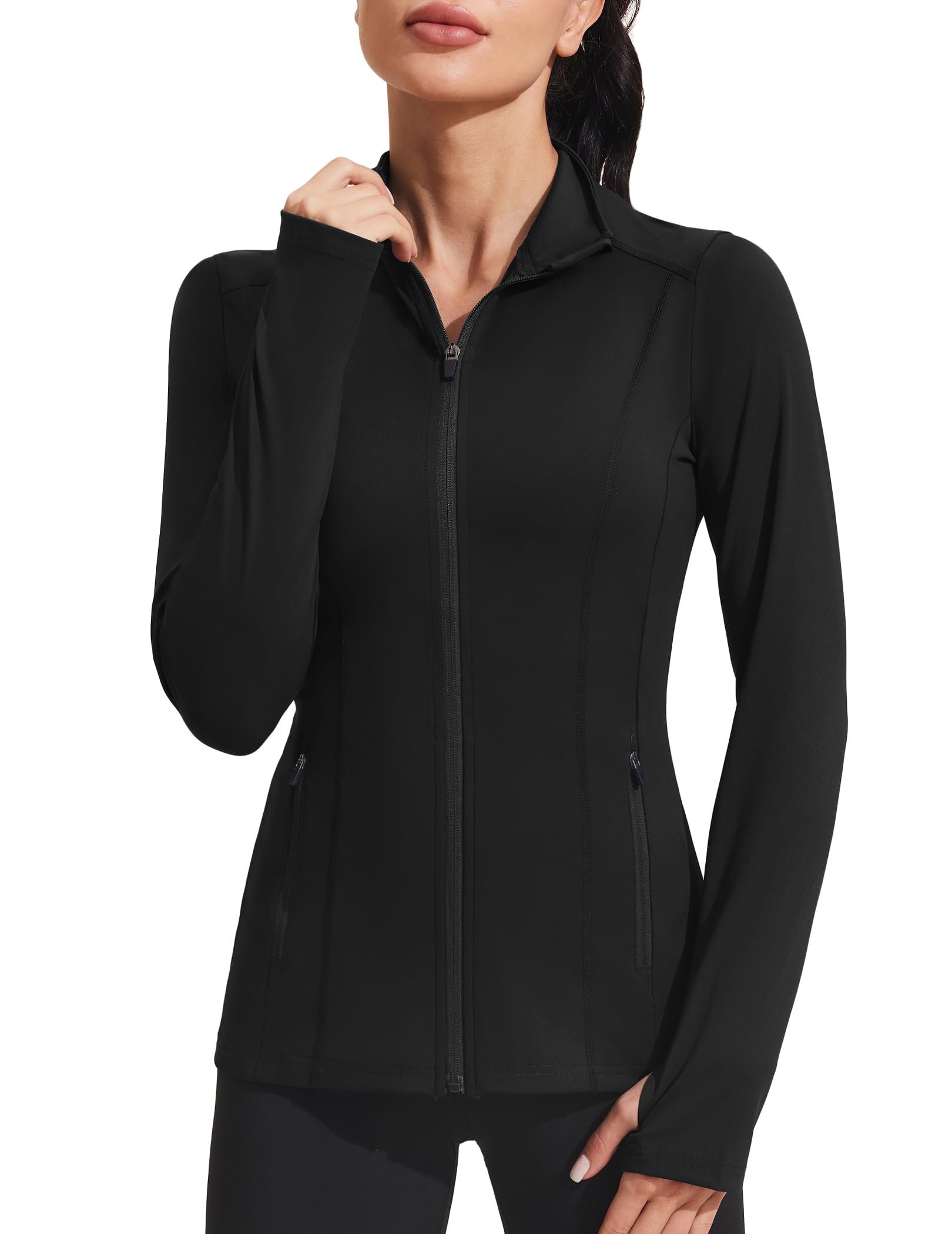 PINSPARK Women's Athletic Jackets Slim Fit Workout Jacket Full Zip Up Running Gym Yoga Sports Tops with Pockets - Product Image