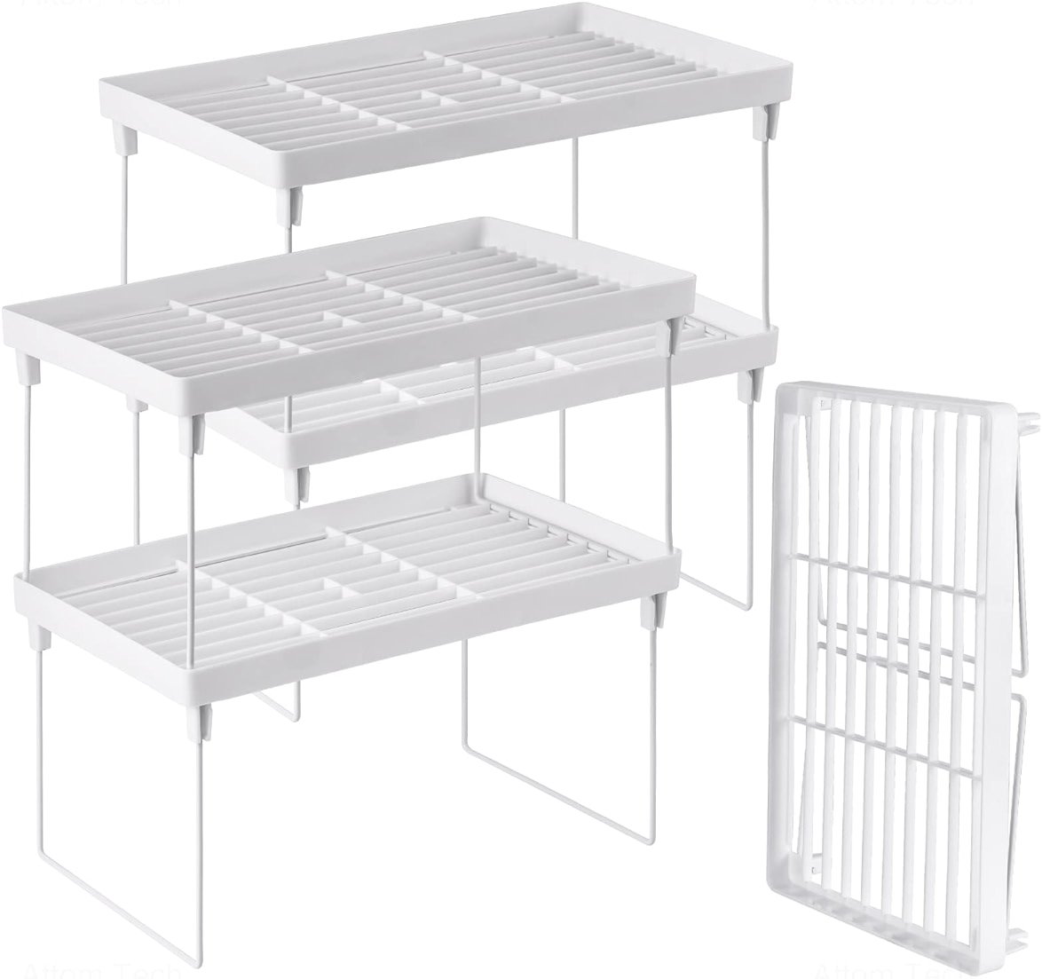 NiHome 4-Pack Stackable Plastic Kitchen Storage Shelf Foldable Rack - White Kitchen Cabinet Organizer and Storage Shelves Stackable Expandable Storage Racks for Counter Cabinet Pantry - Product Image