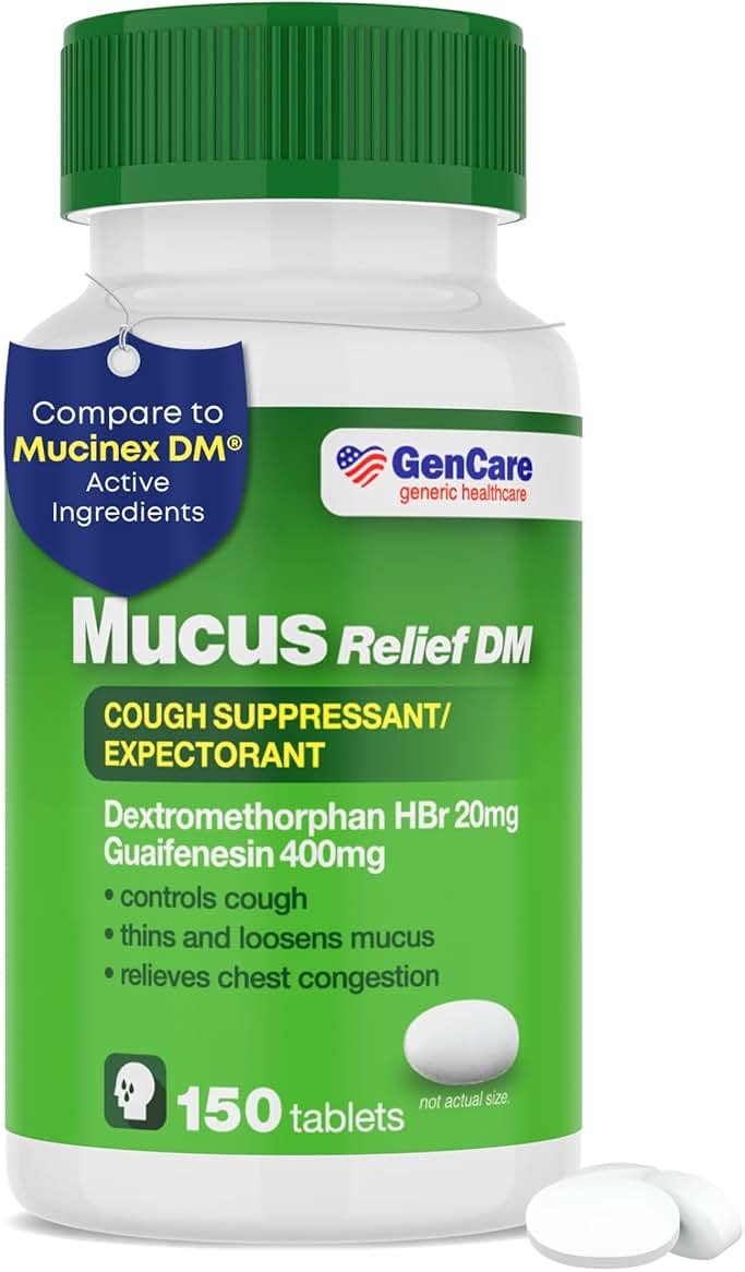 GenCare - Mucus Relief DM (150 Count Value Bottle) Dextromethorphan HBr 20mg Guaifenesin 400mg | Generic Mucus Relief DM | Immediate Release Uncoated Cough & Mucus Expectorant Pill - Product Image