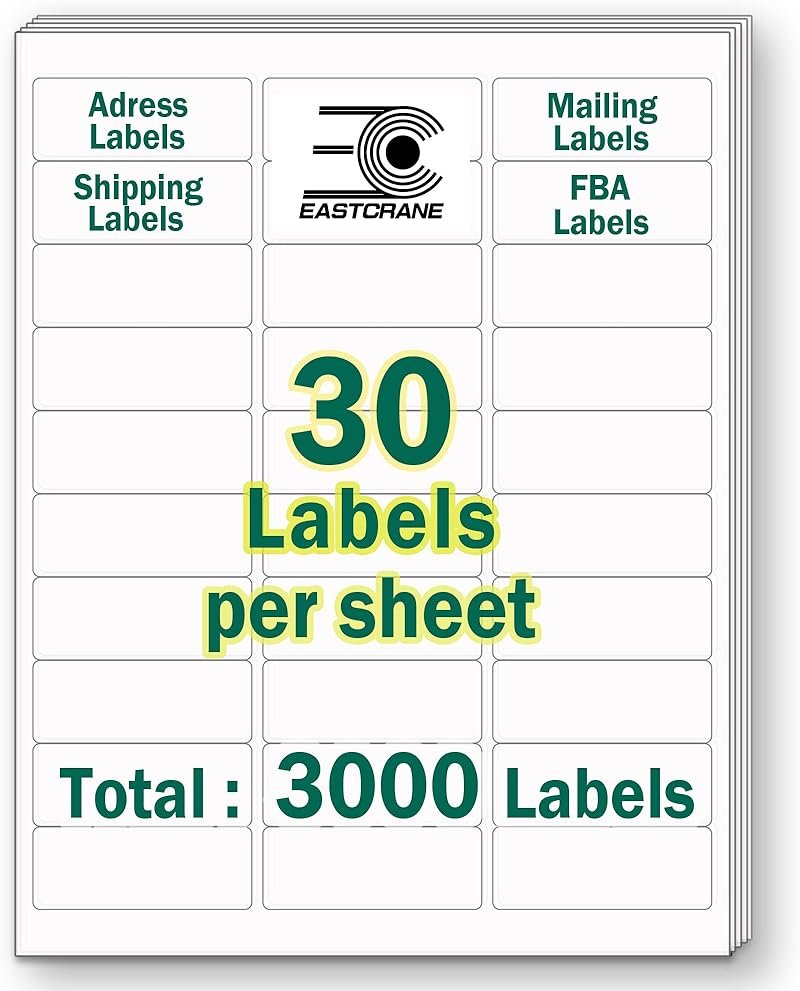 EastCrane 1" x 2-5/8" Printable Mailing Address Labels,3,000 Sticker Labels(100 Sheets),White Blank Labels for Laser/Inkjet Printer,Permanent Adhesive Name Labels,FBA Labels - Product Image