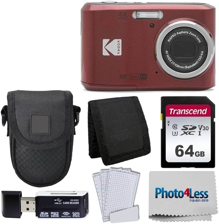 Kodak PIXPRO FZ45 Digital Camera + Black Point & Shoot Camera Case + Transcend 64GB SD Memory Card + Tri-fold Memory Card Wallet + Hi-Speed SD USB Card Reader + More! (Red) - Product Image