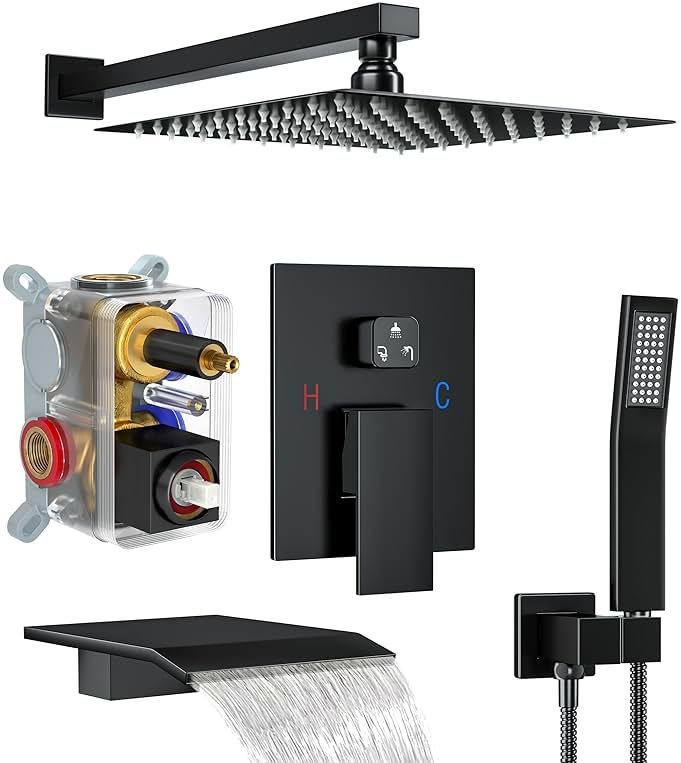 Fatspas Shower System with Tub Spout, 10-Inch High-Pressure Rain Showerhead and Handheld Combo, Matte Black Shower Faucet Set with Rough-in Valve and Trim, Wall Mounted 3-Way Shower Set - Product Image