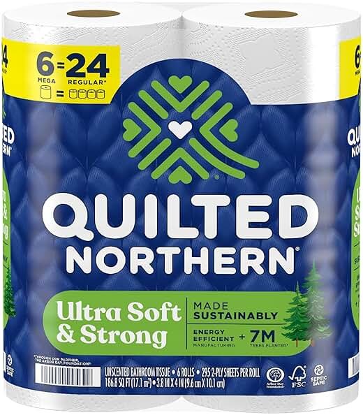 Quilted Northern Ultra Soft & Strong Toilet Paper, 6 Mega Rolls = 24 Regular Rolls, 5X Stronger*, Premium Soft Toilet Tissue - Product Image