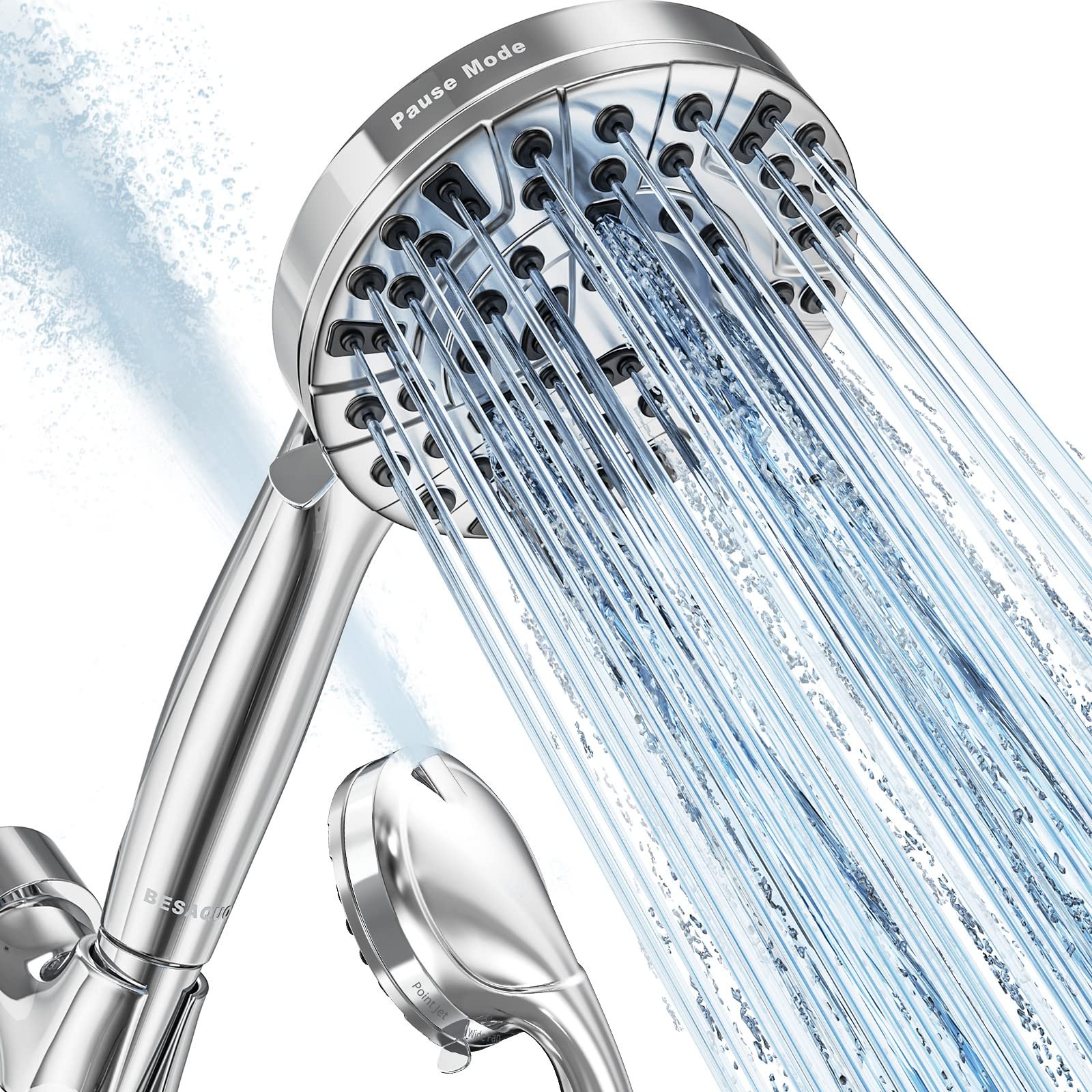 BESAQUO Shower Head,10 Functions High Pressure shower head with handheld, Built-in Pause Mode & Power Wash, Non-Clogging Nozzles High Flow Hand Held Shower Head, Leakproof 6ft Hose&Adjustable Bracket - Product Image