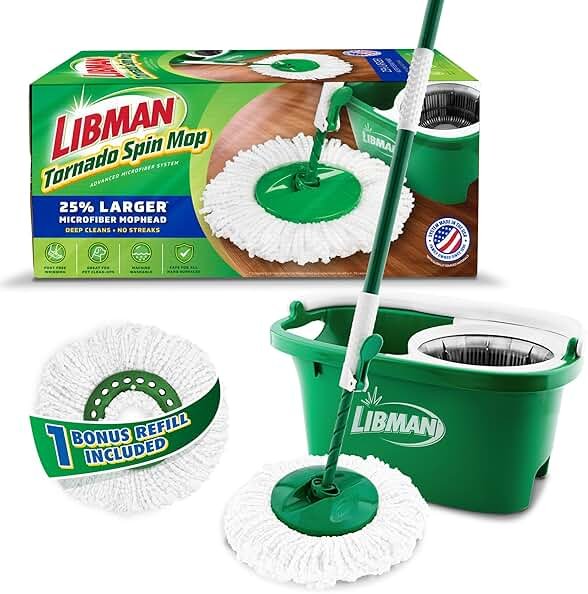 Libman Tornado Spin Mop System and 1 Refill, Mop and Bucket with Wringer Set for Hardwood Floor Cleaning, 2 Total Heads Included - Product Image