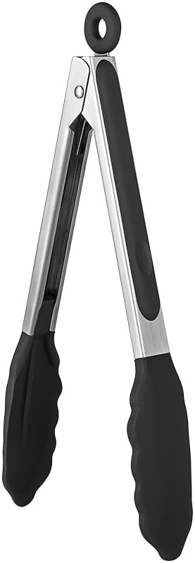 600ºF Heat Resistant Kitchen Tongs: U-Taste 9 inch Silicone Cooking Tong with Firm Sealed Non Stick Rubber Tips & Silicon Coated 18/8 Stainless Steel Handle & Smooth Locking for Serving Salad (Black) - Product Image