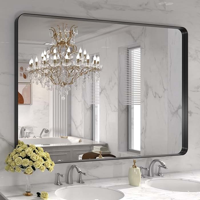 LOAAO 48X32 Inch Black Metal Framed Bathroom Mirror for Wall, Matte Black Bathroom Vanity Mirror Farmhouse, Large Rounded Rectangle Mirror, Anti-Rust, Tempered Glass, Hangs Horizontally or Vertically - Product Image