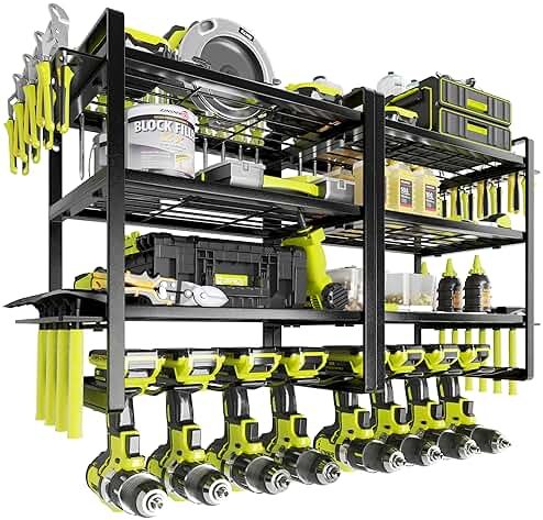 KAFAHOM Power Tool Organizer Wall Mount, 4-Tier Drill Holder for Cordless Tools, 2-Pack Set, Garage Storage Rack with Side Hooks for Hammers & Pliers, Tool Organizer for Workshop/Utility Room - Product Image