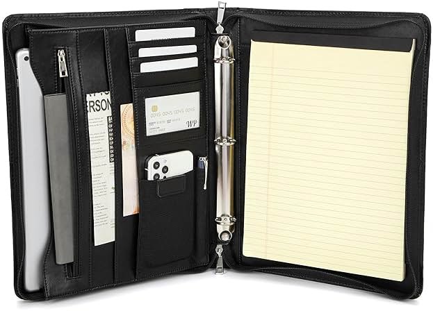 Geslun Leather Portfolio with 3 Ring Binder, Vegan Leather Padfolio Zippered, A4 Notebook Holder Laptop Sleeve Professional Business Organizer Gift for Men and Women, Black - Product Image