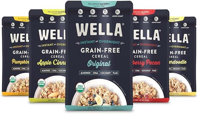 Wella Cereal Oatmeal Alternative, Gluten-Free Breakfast Hot Cereal, Grain-Free Paleo Organic Vegan High Protein Superfood, Plant-Based Non-GMO, Low in Net Carbs, Single-Serve Packets, Variety Pack (5 Count, 1.6 oz. Packets) - Product Image