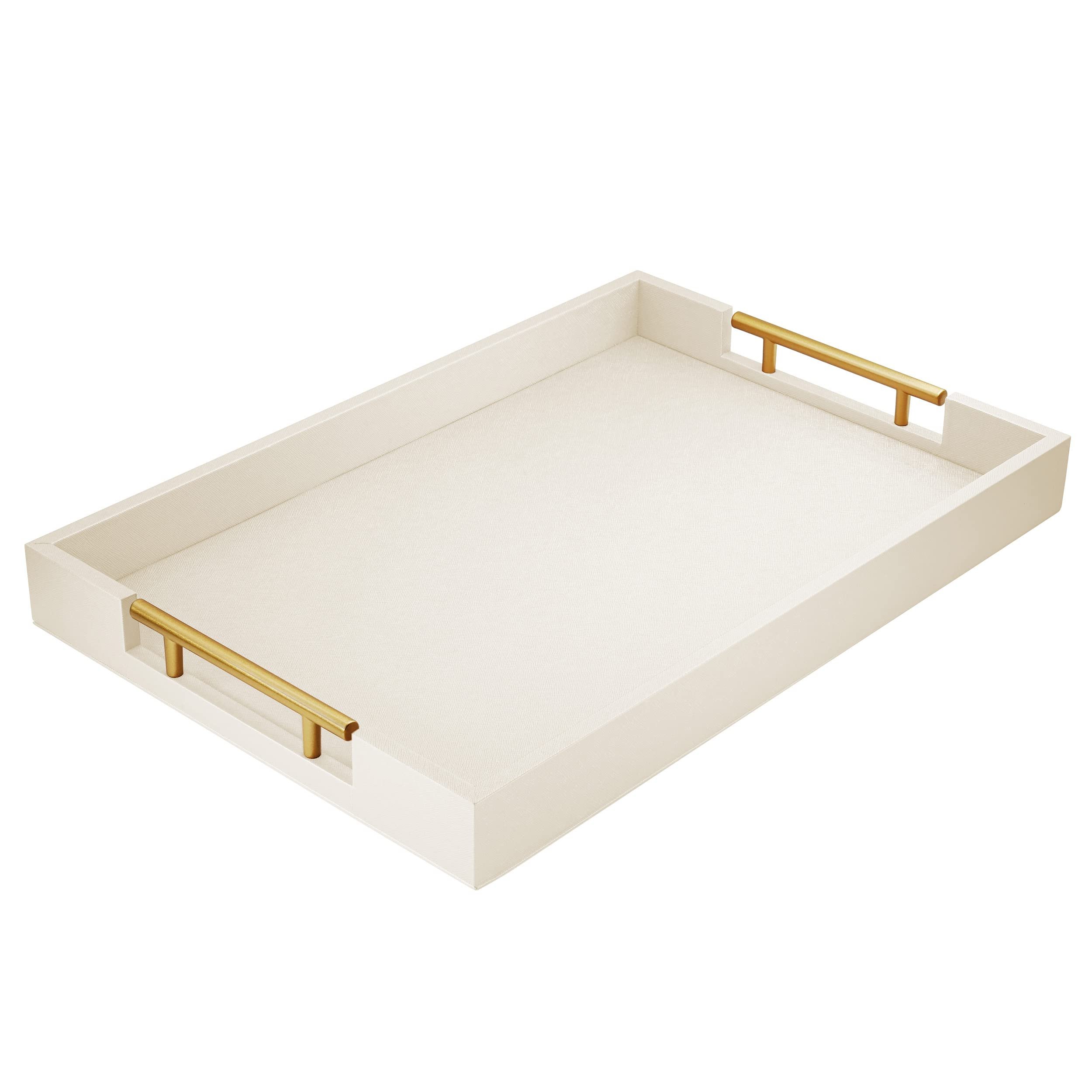 ATZYmolin 17" x 12" Wood Serving Tray with Gold Polished Metal Handles, Home Decorative Wooden Rectangle Ottoman Leather Decor Platter Bathroom Vanity Tray for All Occasions White - Product Image