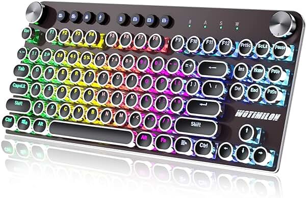WOTIMILON Wireless Typewriter Keyboard Mechanical TKL, 2.4G/BT5.0/Wired WM87 Retro Vintage Gaming Keyboard Typewriter Style with Punk Round Keycaps True RGB Backlit, 2 Control Knobs, Clicky Switch - Product Image