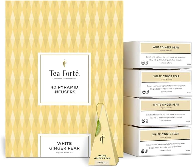 Tea Forte White Ginger Pear Premium Organic Caffeinated White Tea Blend Event Box, Bulk Pack 40 Count, 10 per tray Individually Wrapped Handcrafted Pyramid Infusers - Product Image