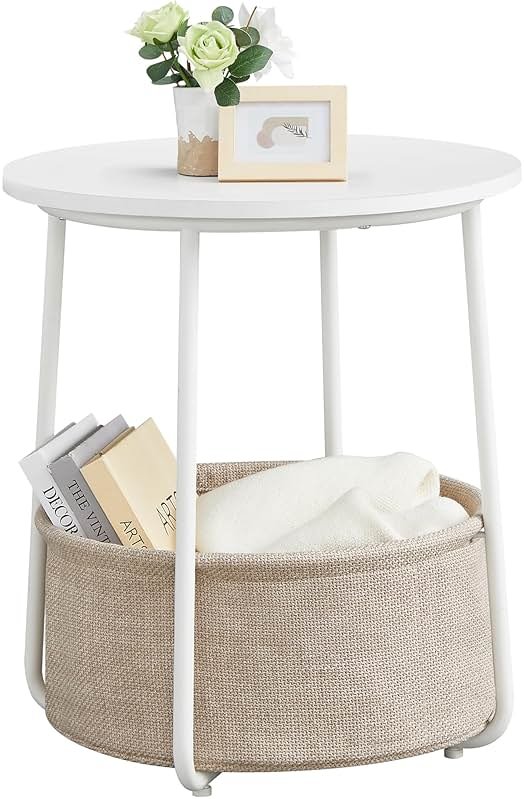 VASAGLE LILEA Collection - Small Round Side End Table, Modern Nightstand with Fabric Basket, Matte White and Camel Brown ULET223W10 - Product Image