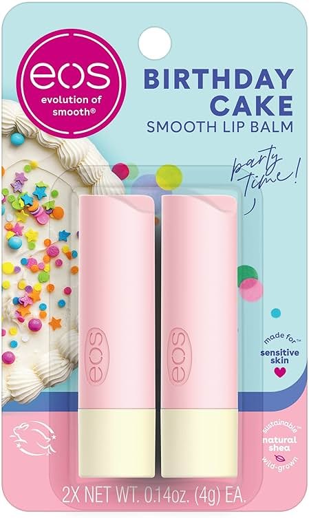 eos Natural Shea Lip Balm- Birthday Cake, eos lip balm, All-Day Moisture, Lip Care, Shea Butter, Moisturizing, Dry Lip Care, 0.14 oz, (Pack of 2) - Product Image
