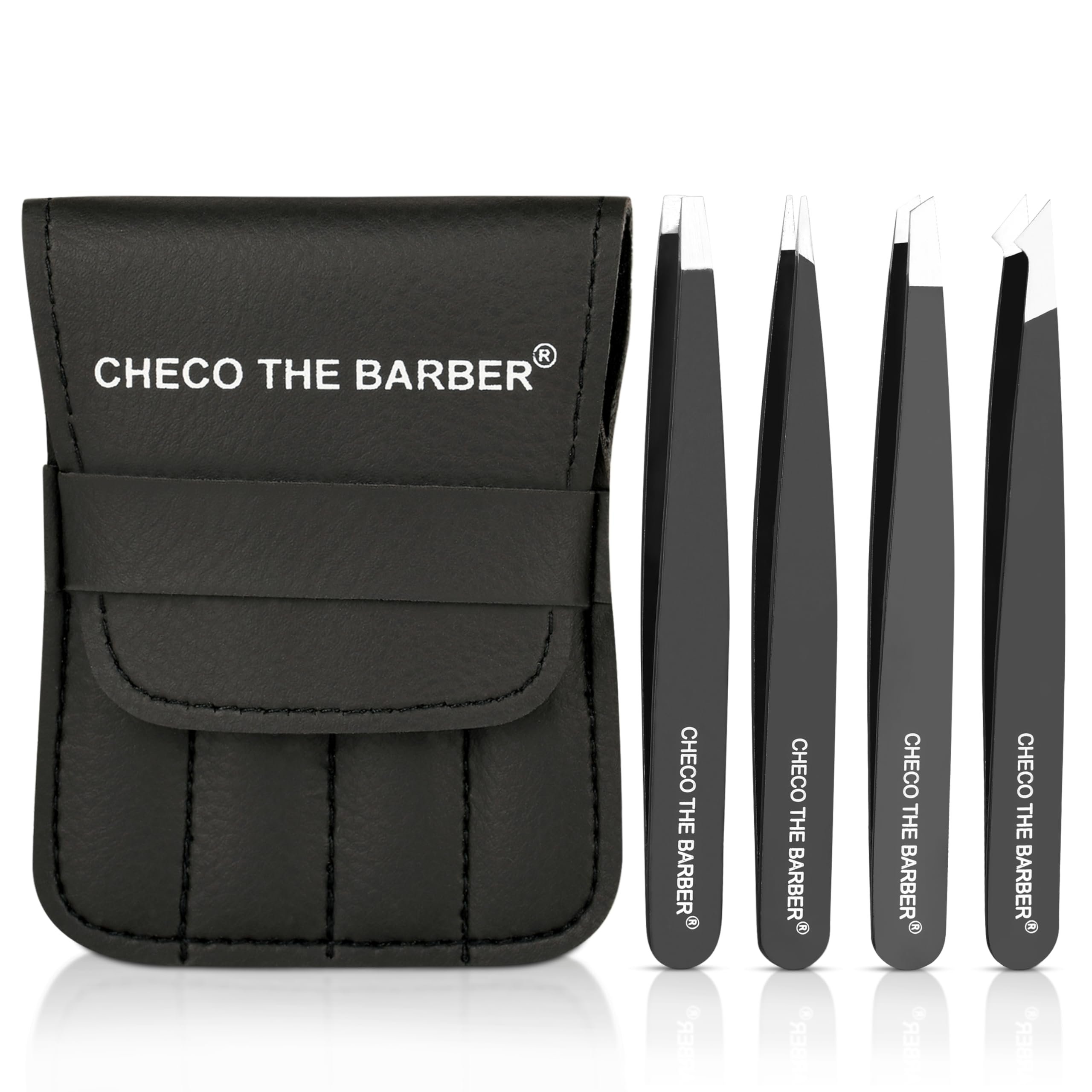 Premium Eyebrow Tweezers Set – 4 Professional Stainless Steel Tweezers with Travel Leather Case – Precision Tip, Slanted, Pointed & Flat Tweezers for Eyebrow Shaping, Ingrown Hair & Splinter Removal - Product Image