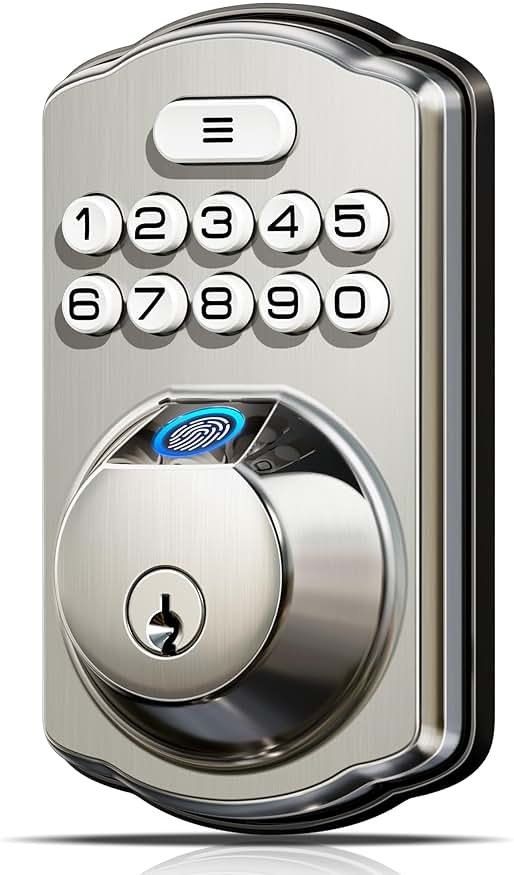 Veise KS02A Fingerprint Keyless Entry Door Lock, Auto Lock, Electronic Keypad Deadbolt for Front Door, Biometric, Anti-Peeping Password, Easy Install, Satin Nickel - Product Image