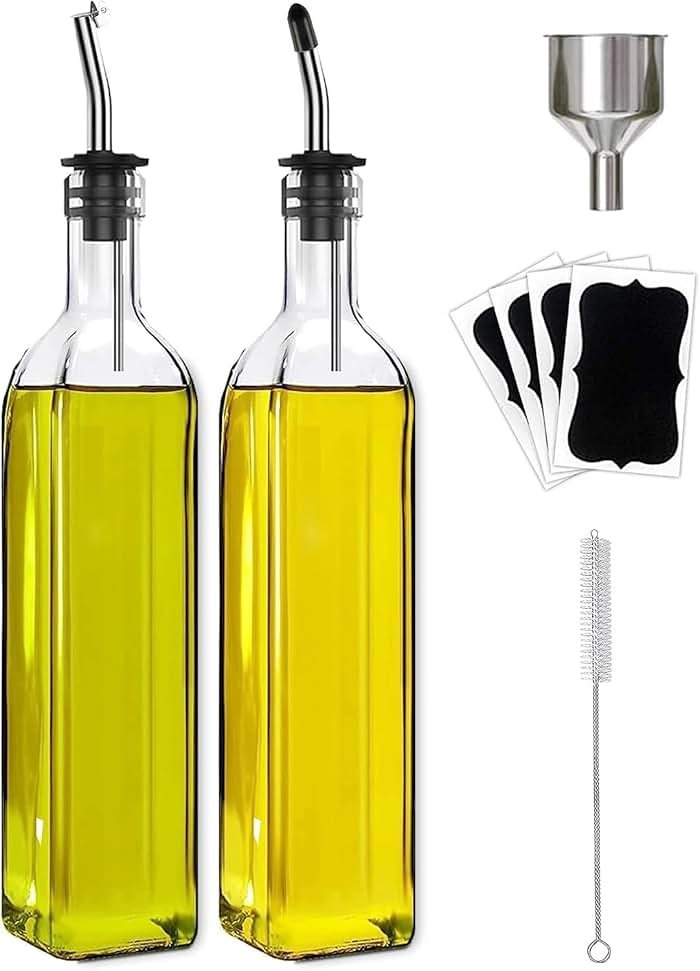 Leaflai Olive Oil Dispenser Bottle, 2 Pcs Glass Olive Oil Dispenser and Vinegar Dispenser Set with 2 Stainless Steel Pourers, 4 Labels,1 Brush and 1 Funnel Oil Bottles for Kitchen (500ml) - Product Image