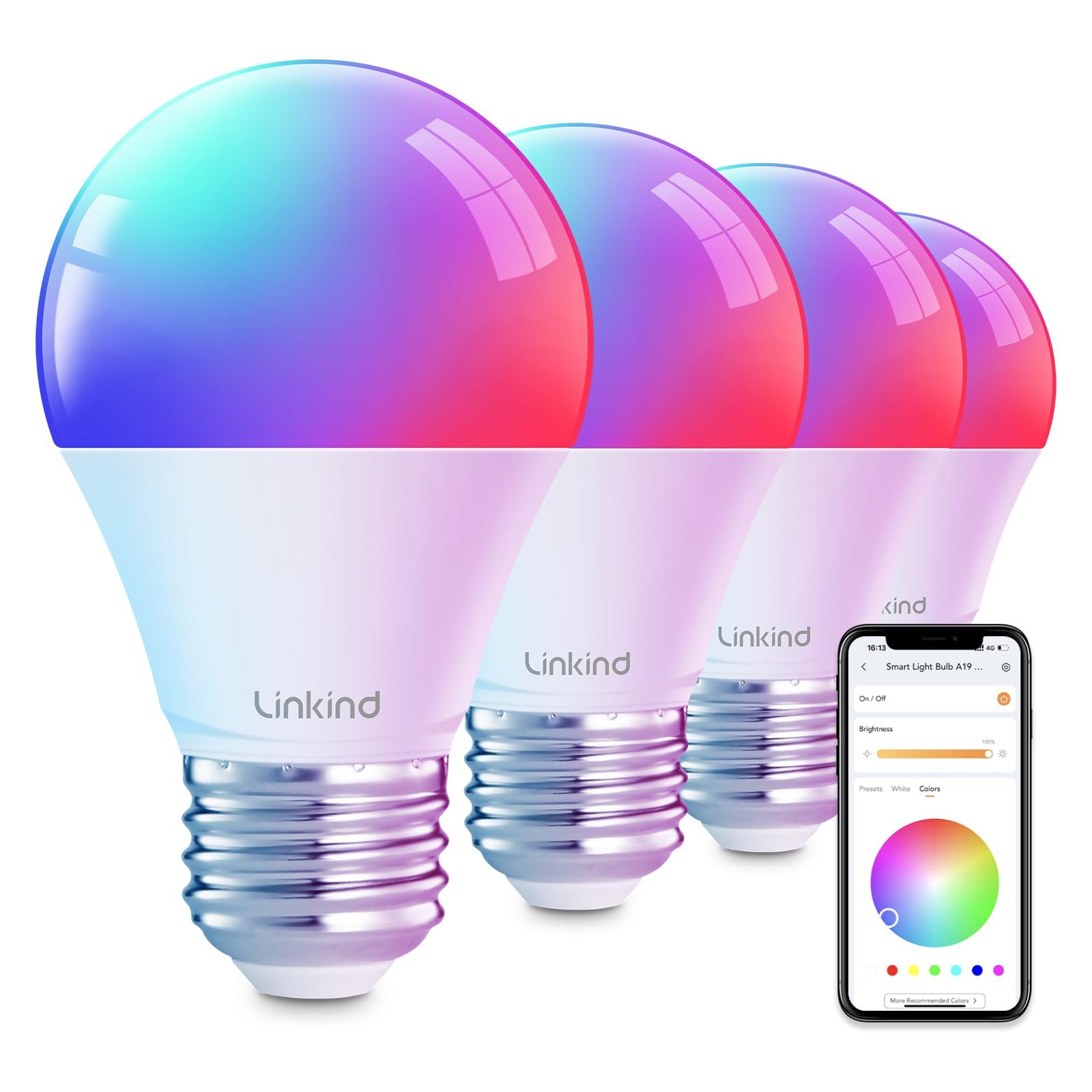 Linkind Smart Light Bulbs, Smart Bulb that Work with Alexa, Google Home, AiDot, LED Light Bulbs Color Changing RGBTW, 104 Preset Scene, Music Sync, Dotis, A19 E26 2.4G WiFi Bluetooth 60W 800LM, 4Pack - Product Image