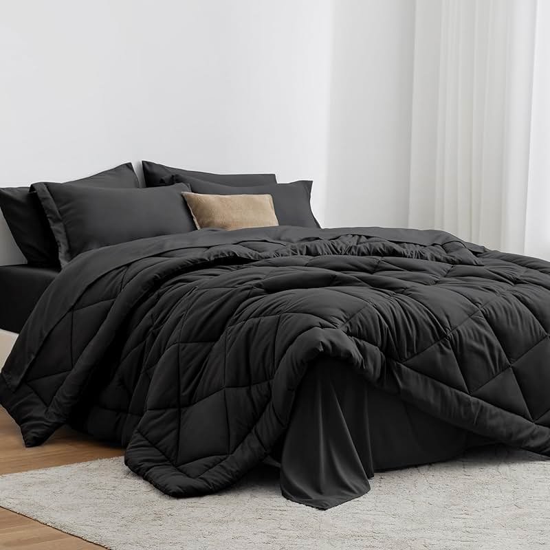 Love's cabin Queen Comforter Set Black, 7 Pieces Queen Bed in a Bag, All Season Bedding Sets with 1 Comforter, 1 Flat Sheet, 1 Fitted Sheet, 2 Pillowcase and 2 Pillow Sham | Soft - Product Image