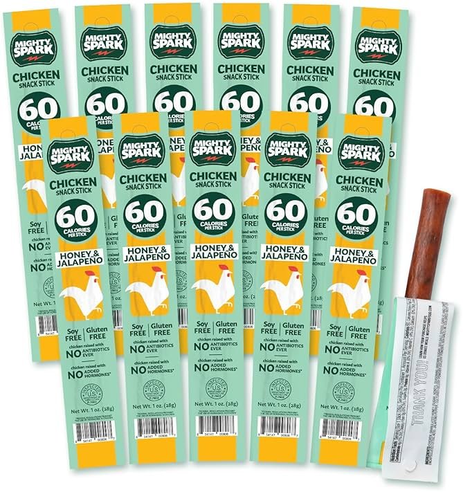 Mighty Spark Chicken Snack Sticks - Honey and Jalapeno - 6g of Protein, No Antibiotics Ever, No Hormones Added, Gluten Free, Soy Free Meat Sticks - High Protein Keto Snacks, Weight Watchers Approved Snacks - 12 Count - Product Image
