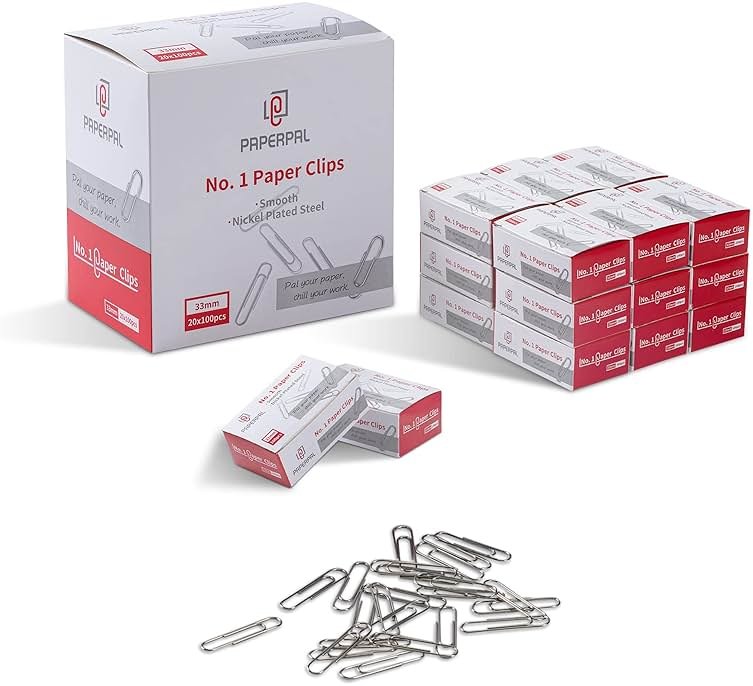 PAPERPAL Paperclips for Office School & Personal Use, #1 Smooth Paper Clip (1-2/7"), 2000 Medium Paper Clips (20 Boxes of 100 Each), Silver | Value bulk pack of 2,000 medium paper clips for offices, schools and businesses, packed in 20 boxes of 100 each. - Product Image