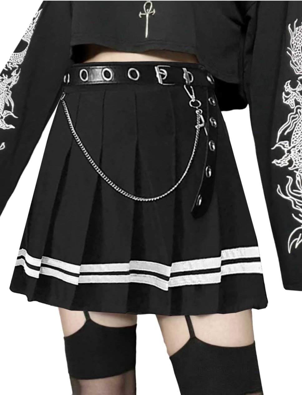 AULKEEP Womens Black Mini Pleated Skirts Goth High Waist A Line Punk Skirt School Uniform Short Skirts with Belt - Product Image