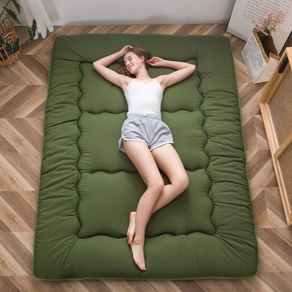 MAXYOYO Japanese Futon Mattress Twin Size Floor Mattress, Thicken Tatami Mat Sleeping Pad Roll Up Mattress Floor Folding Couch Mattress Pad for Guest Room, Green, Twin - Product Image