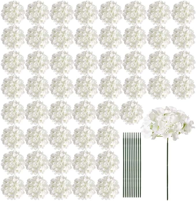 Auihiay 64 PCS Artificial Hydrangea Flowers, Silk Hydrangea Full Flowers Heads with Stems for Wedding Centerpieces, Home, Garden, Baby Shower, Party Decoration (Ivory) - Product Image