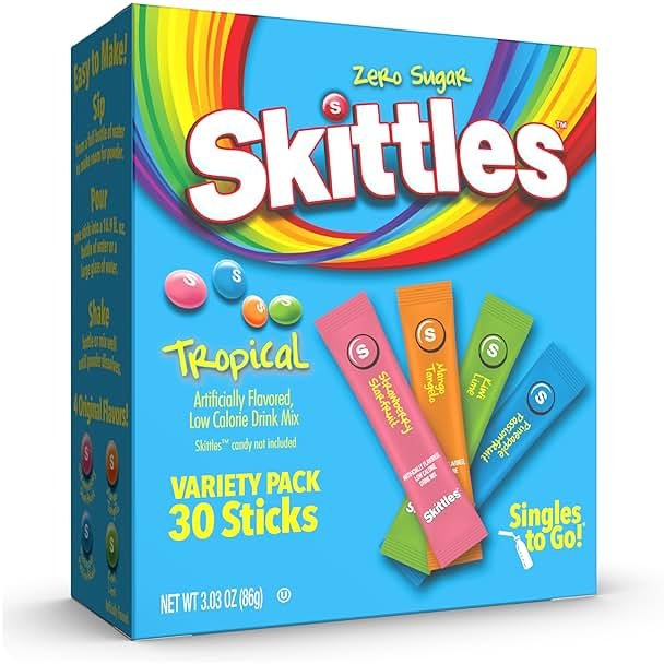 SINGLES TO GO! Skittles Singles To Go Tropical Flavors Variety Pack, Powdered Drink Mix, Strawberry Starfruit, Mango Tangelo, Kiwi Lime, Pineapple Passionfruit, 1 Box (30 Single Servings) - Product Image
